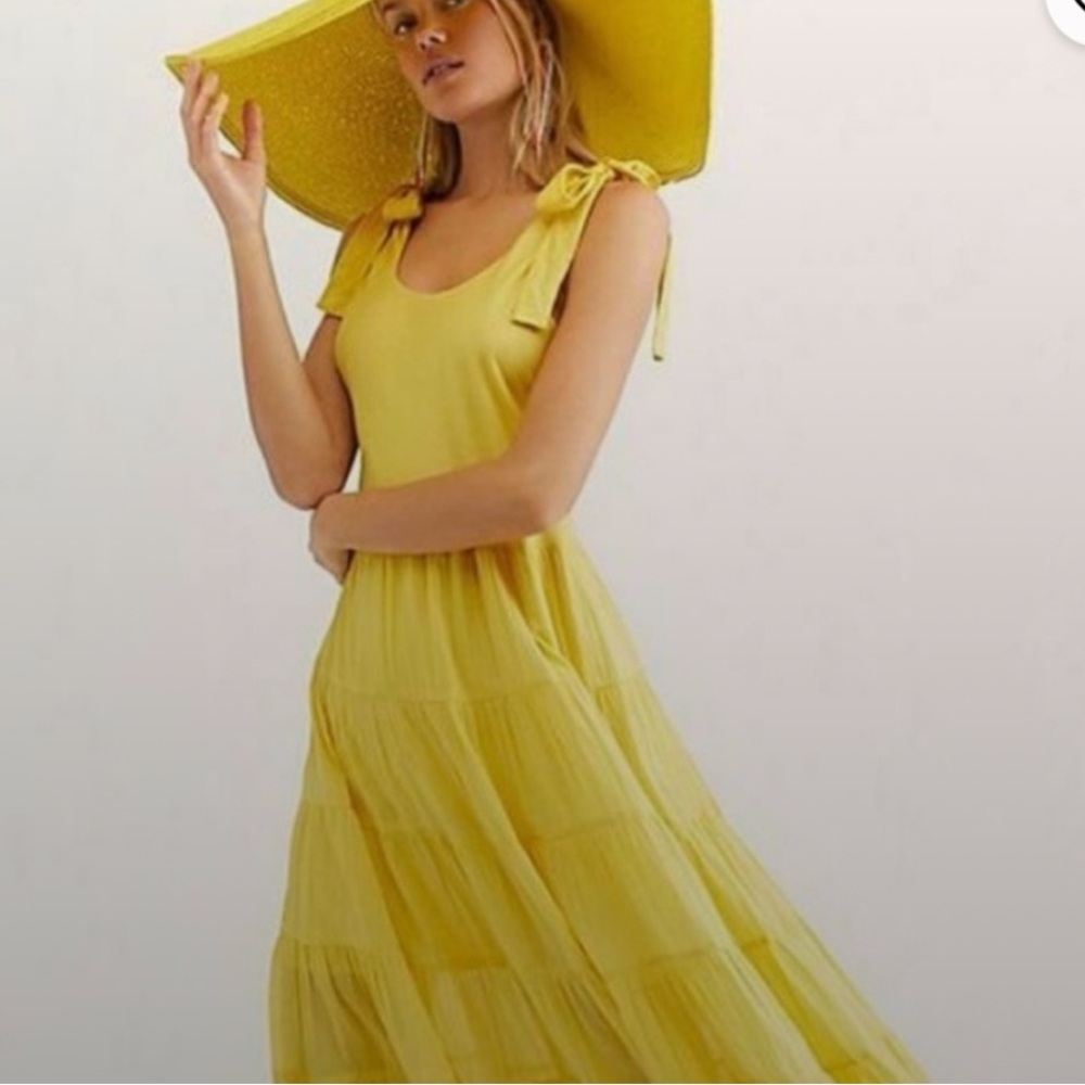 Free People Kikas-Yellow Tie-Shoulder Tiered Midi Dress